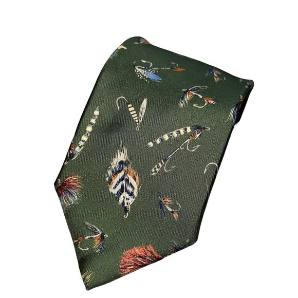Mens Lands End 100% Silk Green Fishing Lures Vintage Inspired - Picture 1 of 6